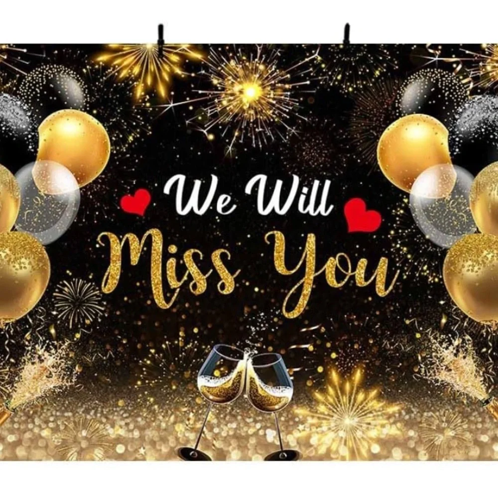We Will Miss You Backdrop, 5 x 7,Black Gold Glitter Balloon